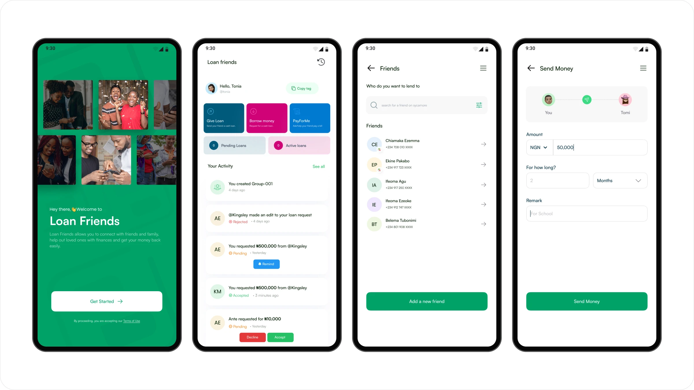LoanFriends final mobile interface screens
