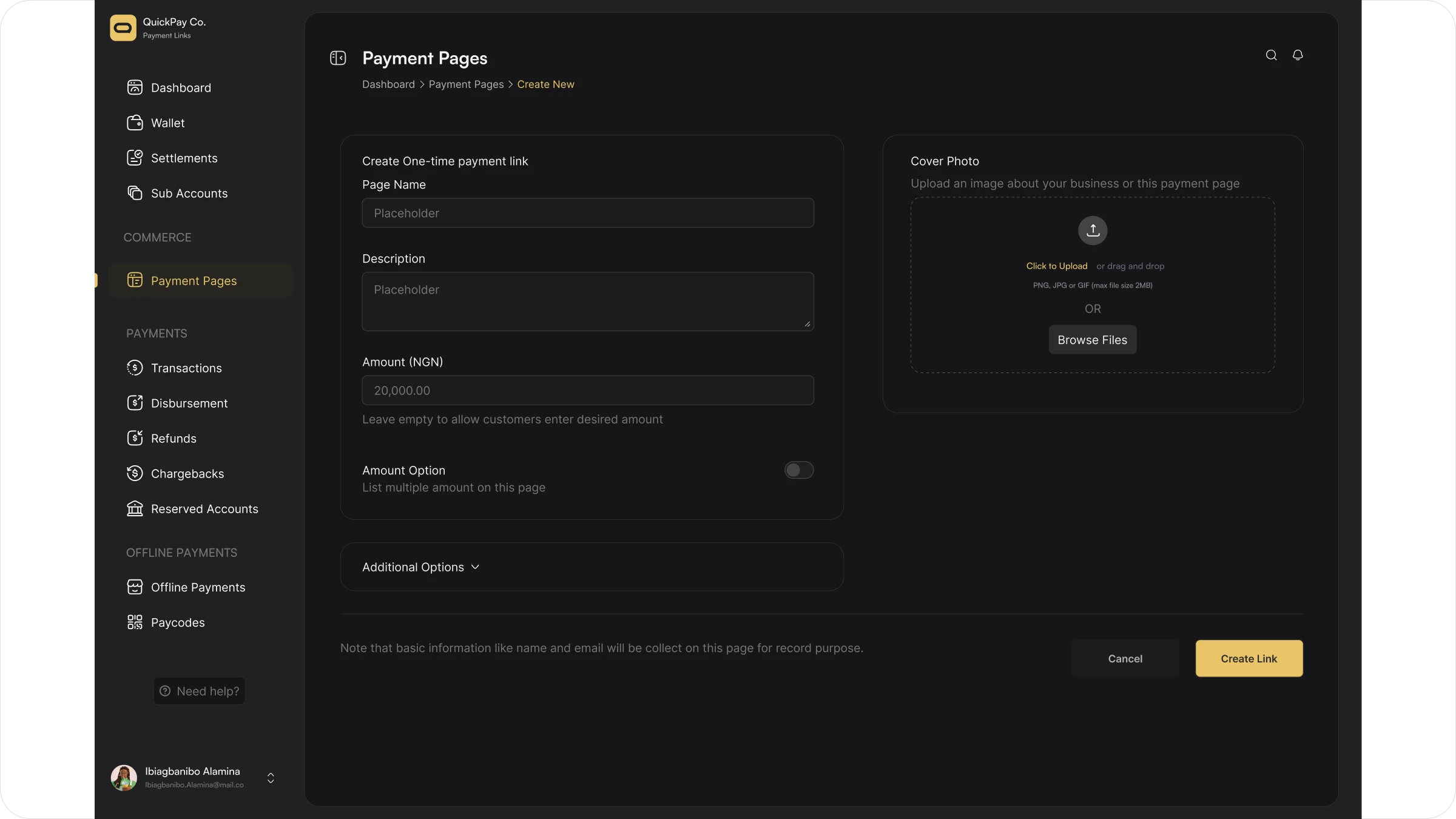 QuickPay dashboard and payment-link management screens