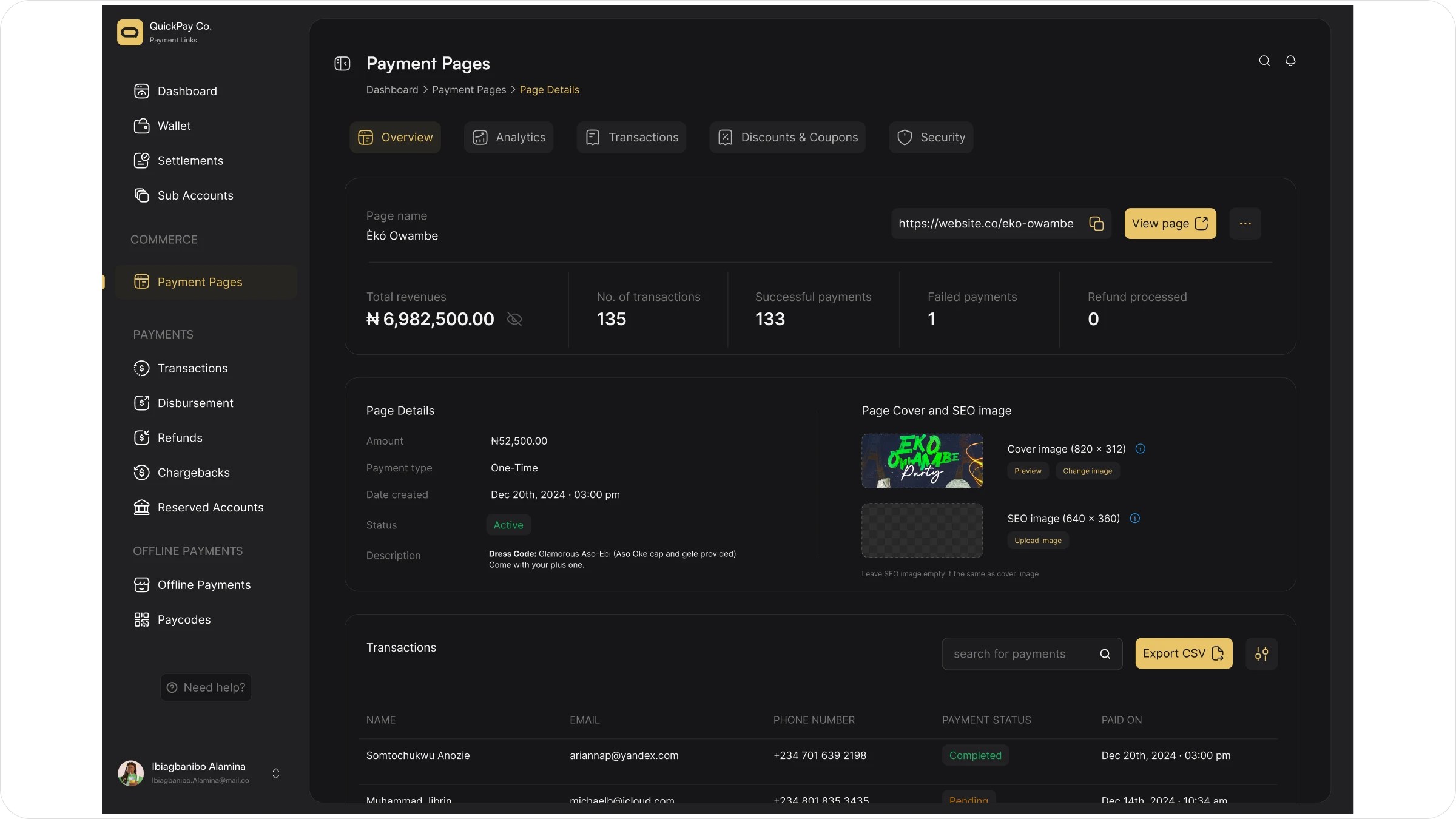 QuickPay custom payment-link configuration screens